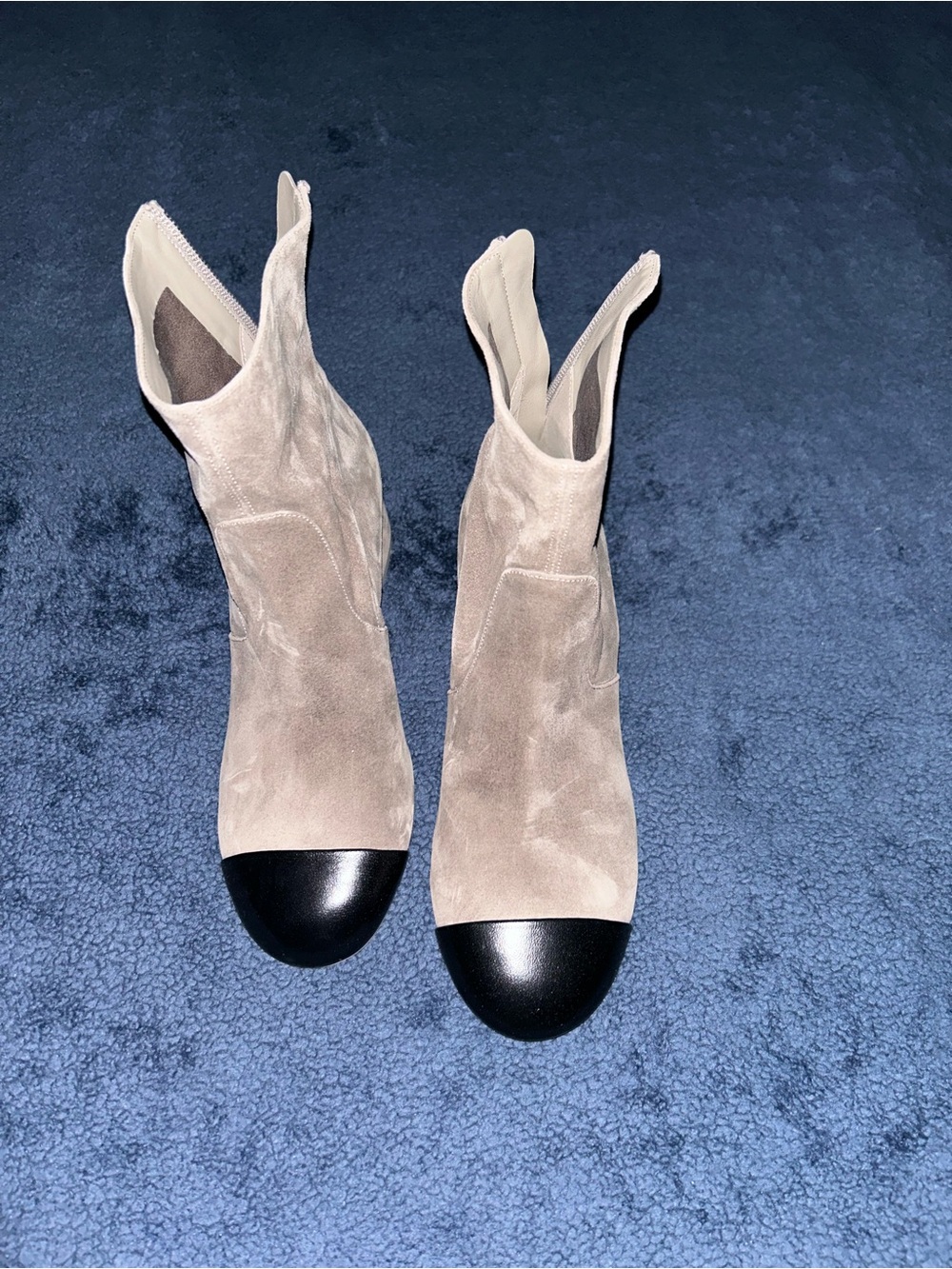 CHANEL gray Suede Ankle Boots with Black Cap Toe never worn